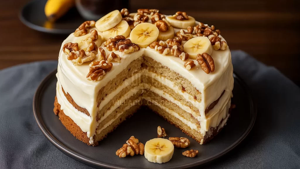 bolo de banana cremoso, bolo de banana com nozes, bolo com chocolate branco, bolo em camadas, bolo recheado de creme, sobremesa de banana, receita de bolo fácil, bolo úmido e cremoso, cobertura de chocolate branco, recheio cremoso, bolo gourmet de banana, bolo de nozes e banana, bolo para aniversário, bolo para vender, bolo caseiro simples, bolo de banana com creme, bolo de banana fofinho, receita com nozes, banana com chocolate branco, bolo elegante em camadas
