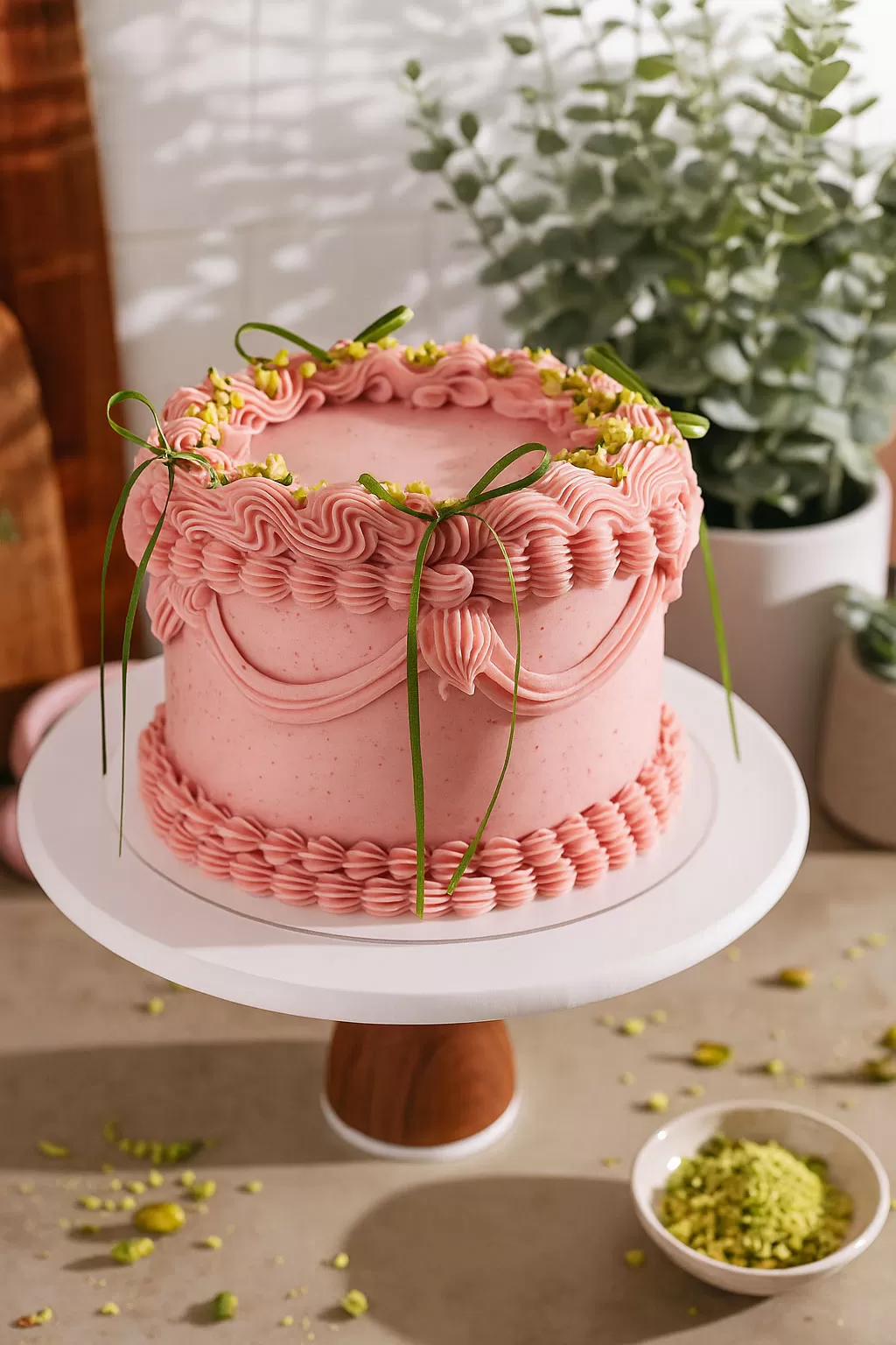 Bolo de framboesa com pistache em três camadas, coberto com buttercream rosa e pistaches